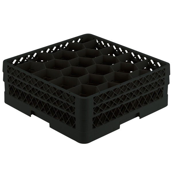 A black plastic Vollrath glass rack with 20 compartments.