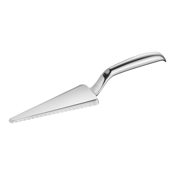 A silver plastic pie server with a triangular blade and a curved handle.