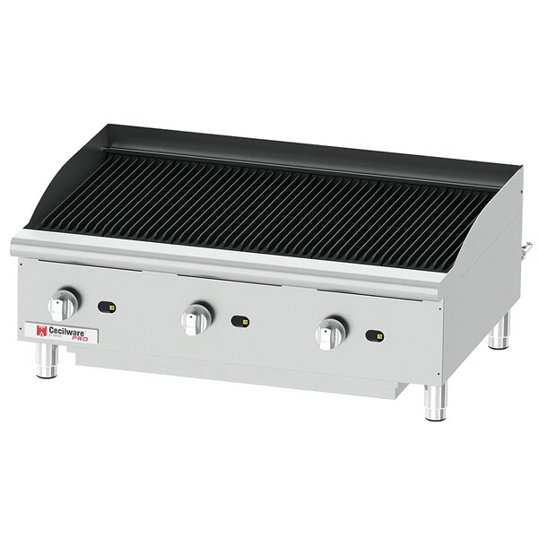 A stainless steel Cecilware Pro gas charbroiler with three burners and knobs.