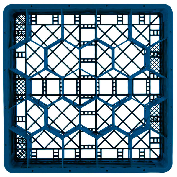 A blue plastic Vollrath Traex rack with 20 hexagonal compartments.