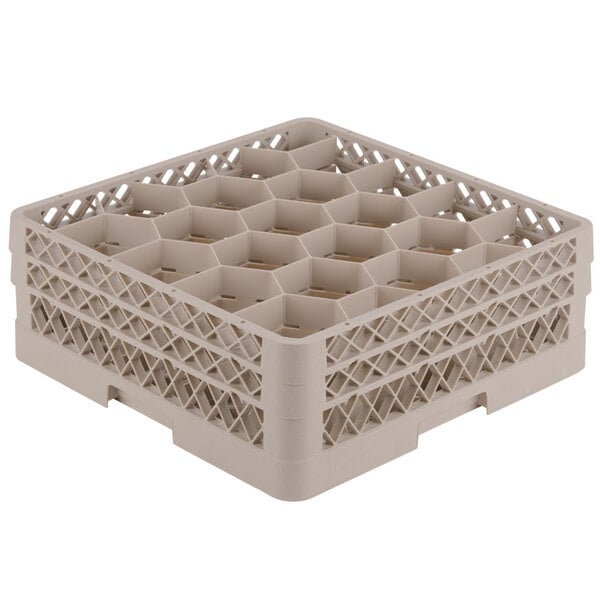A beige plastic Vollrath Traex rack with 20 compartments for glasses.