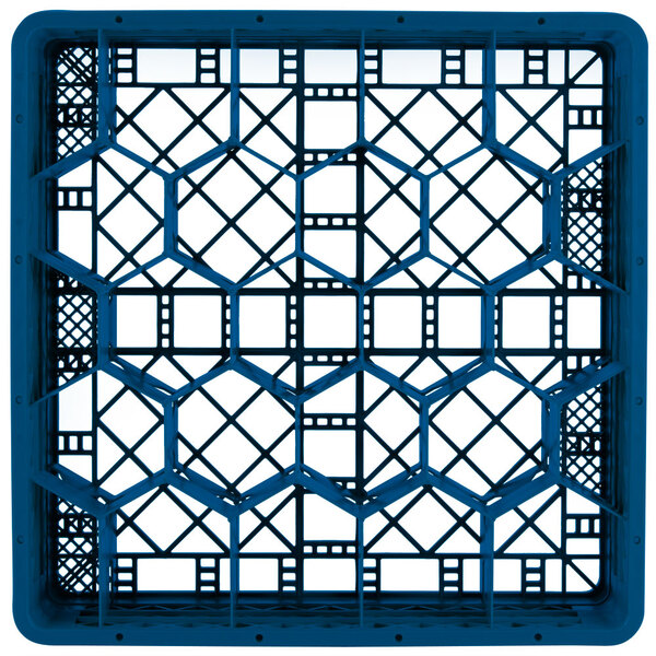 A blue plastic Vollrath Traex glass rack with a grid pattern.