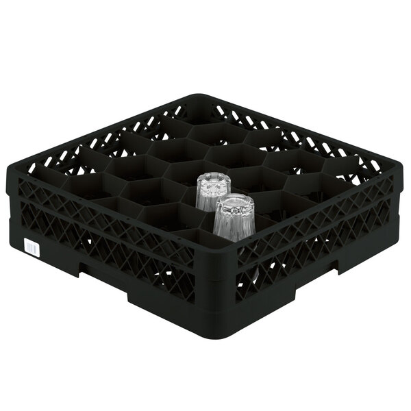 A Vollrath black plastic glass rack with clear cups inside.