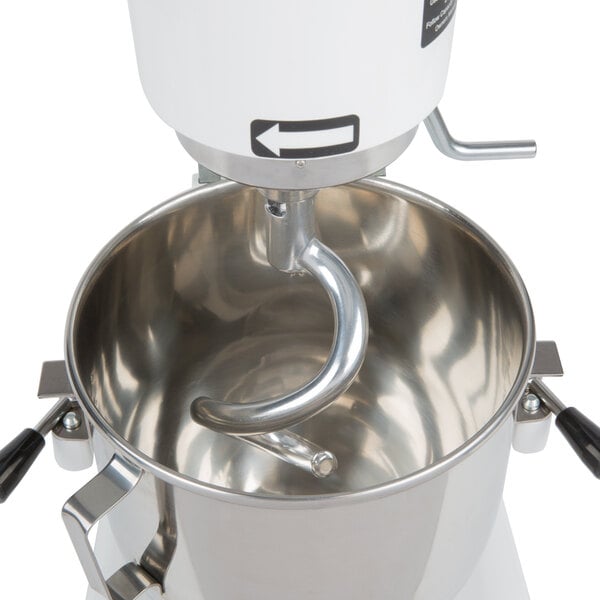 A Globe SP8 mixer with a stainless steel spiral dough hook attachment.