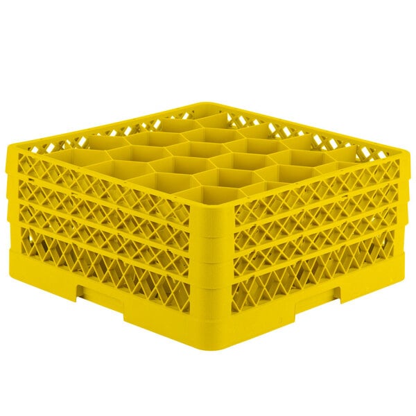 A Vollrath yellow plastic glass rack with 20 compartments and an open rack extender on top.