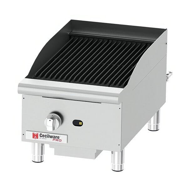 A Cecilware Pro gas charbroiler with a knob over a black grill.