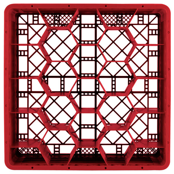A red plastic Vollrath Traex rack with 20 compartments.