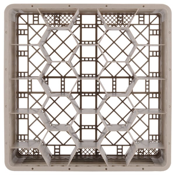A beige plastic Vollrath Traex rack with 20 compartments for glasses.