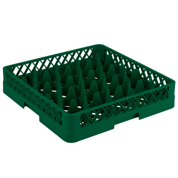 A green plastic Vollrath Traex glass rack with 20 compartments.