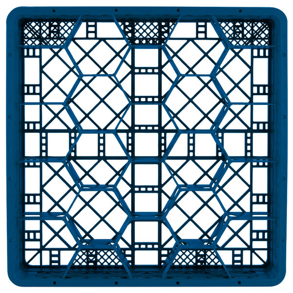 A blue metal Vollrath Traex glass rack with a grid pattern.