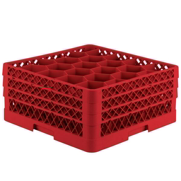 A red Vollrath Traex glass rack with 20 compartments.