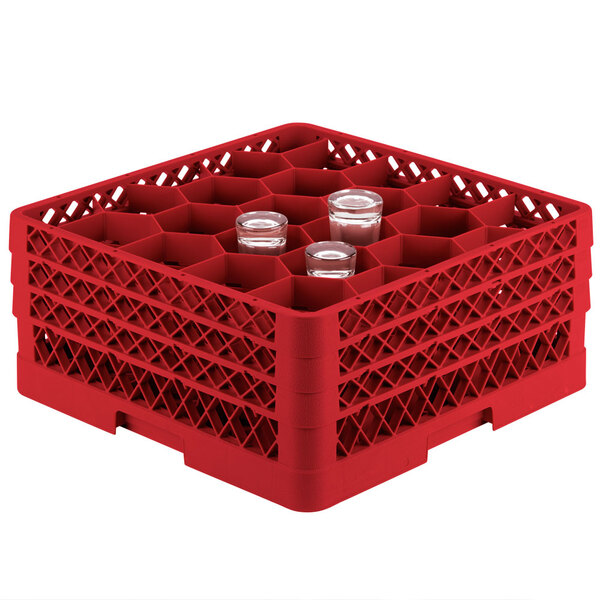 A red plastic Vollrath Traex rack with glasses inside.