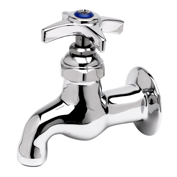A T&S chrome wall mount faucet with a 4-arm handle.