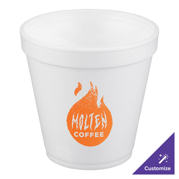 A white 16 oz. foam food container with an orange 'Molten Coffee' logo on the front.
