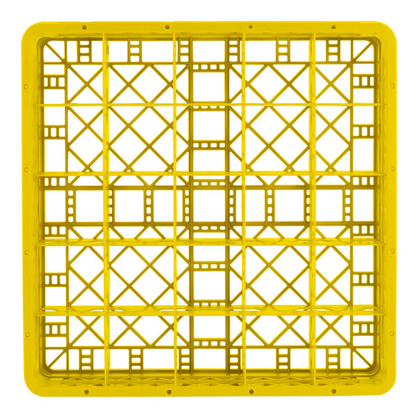 A yellow full-size plastic glass rack with a 25-compartment grid design.
