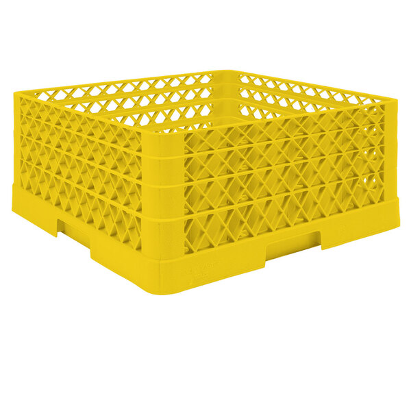 A yellow Vollrath Traex glass rack with handles and holes on a white background.