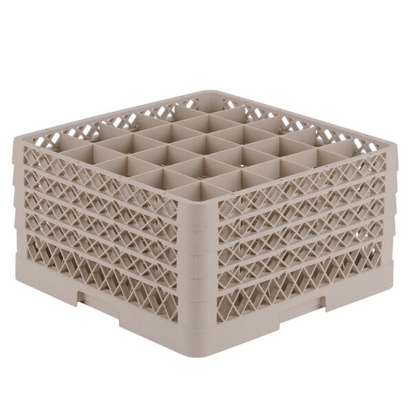 A beige Vollrath plastic rack with 25 small compartments for glasses.