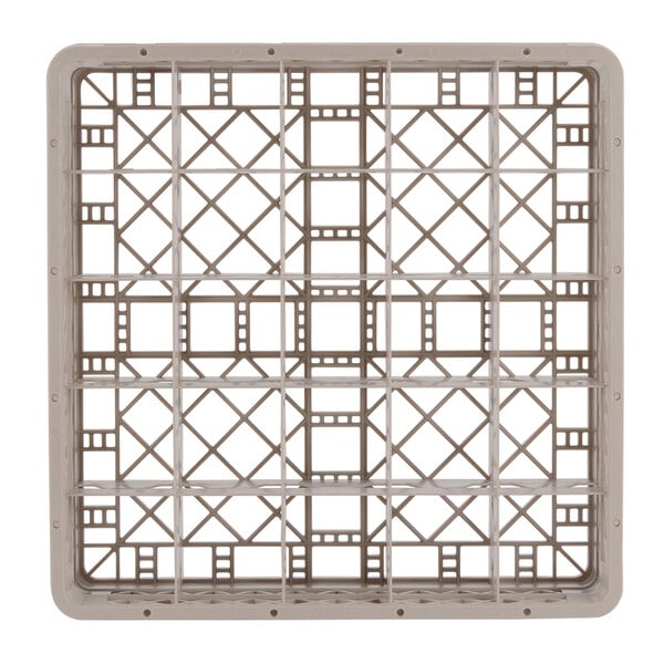 A beige plastic Vollrath Traex glass rack with many compartments.