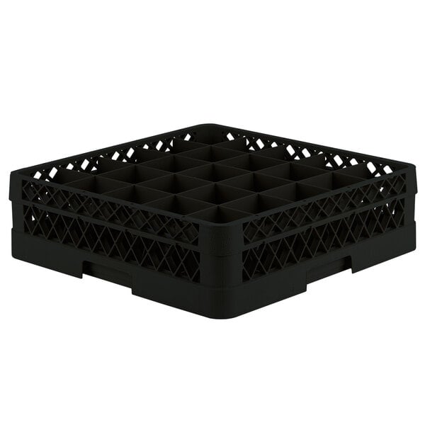 A black plastic Vollrath Traex glass rack with 25 compartments.