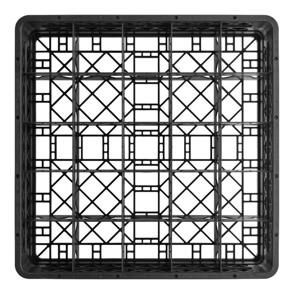 A black full-size plastic glass rack with a grid structure and 25 compartments.