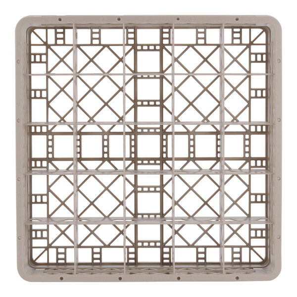 A beige full-size plastic glass rack with 25 compartments and a grid-like structure.