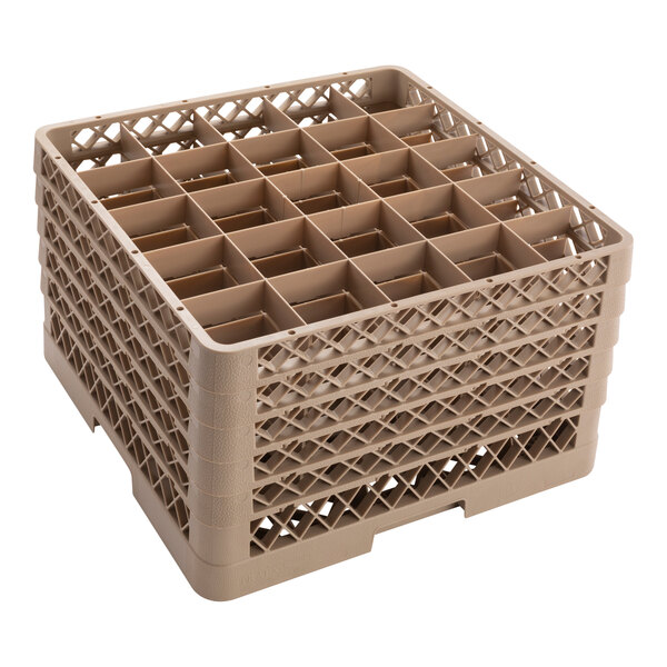 A beige full-size plastic glass rack with 25 compartments for holding glasses.