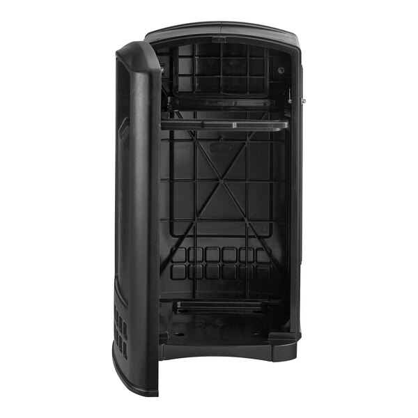 A black Rubbermaid Plaza outdoor trash container with a side opening door.