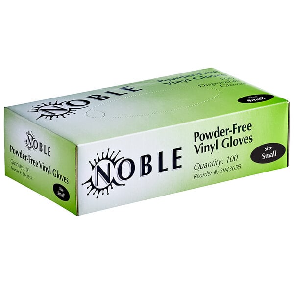 A white Noble Products box of small powder-free vinyl gloves for foodservice.