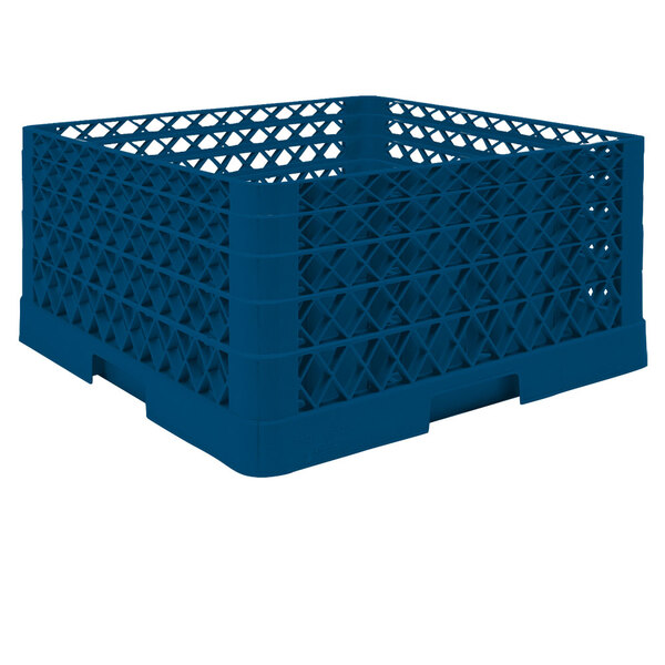 A Vollrath blue plastic glass rack with a grid pattern.