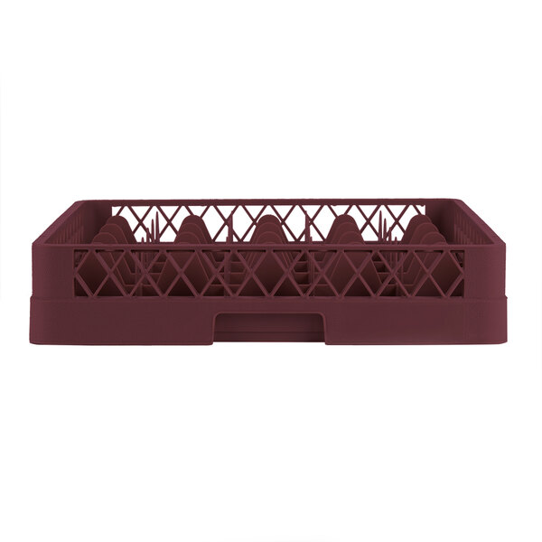 A Vollrath TR6 Traex full-size burgundy glass rack with compartments for 25 glasses.