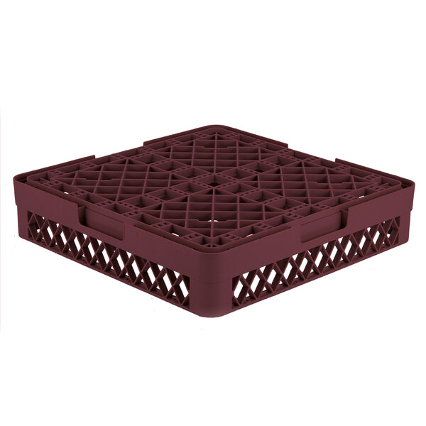 A burgundy Vollrath plastic glass rack with 25 compartments.