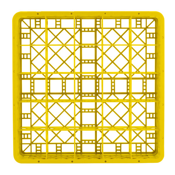 A yellow plastic Vollrath Traex glass rack with 25 compartments.
