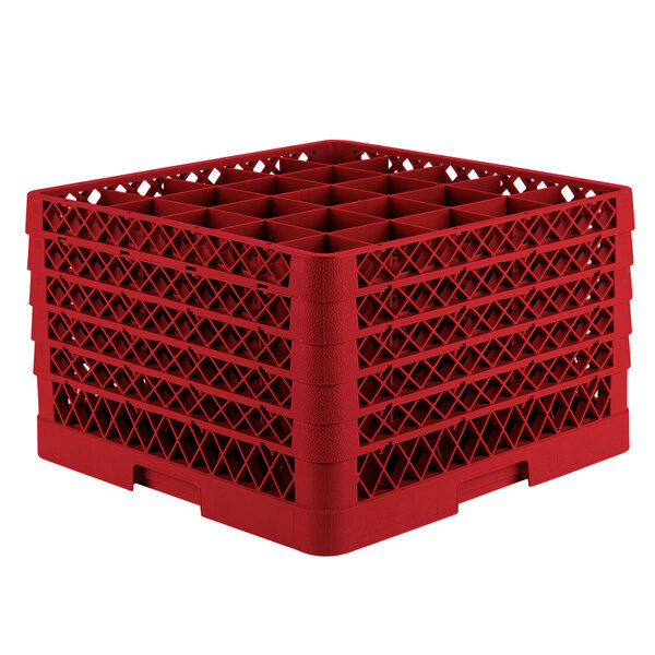 A red Vollrath Traex glass rack with 25 compartments for small items.