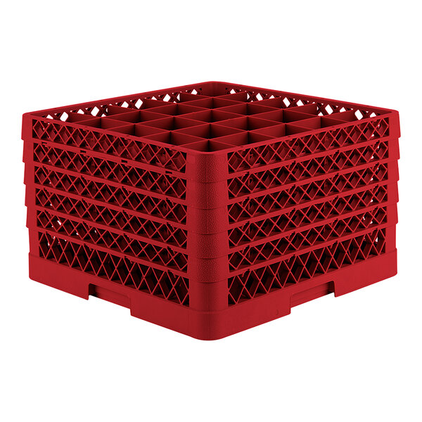A red full-size glass rack with 25 compartments for holding glasses.