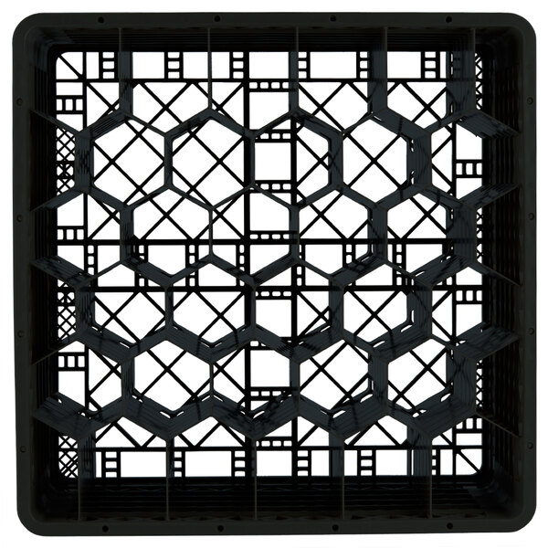 A black Vollrath Traex glass rack with a grid pattern.