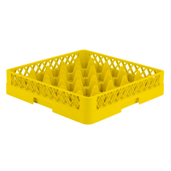 A Vollrath yellow plastic glass rack with 25 compartments.