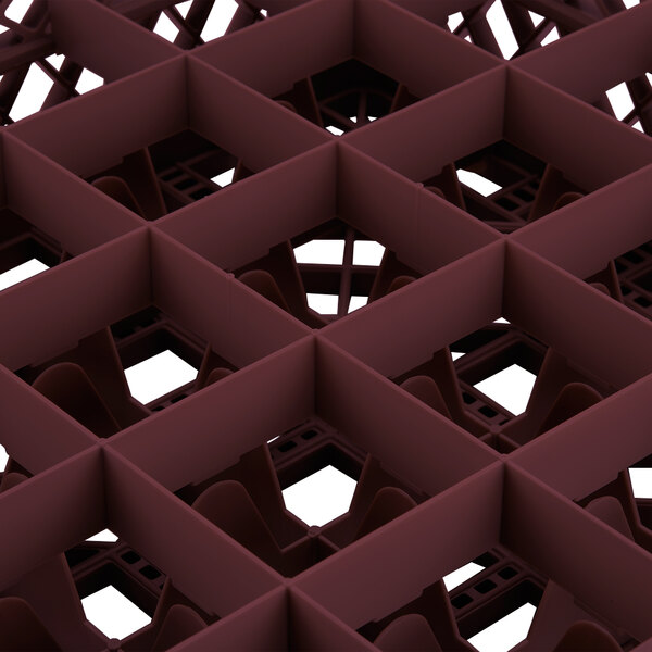 A Vollrath Traex burgundy glass rack with 25 compartments.