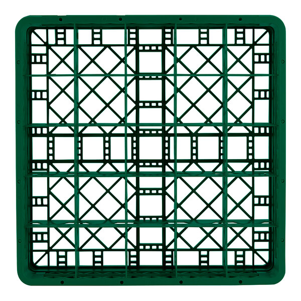 A green full-size plastic glass rack with a 25-compartment grid design.