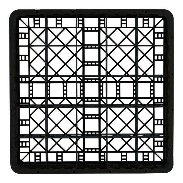 A black full-size glass rack with 25 compartments designed for holding and washing glasses.
