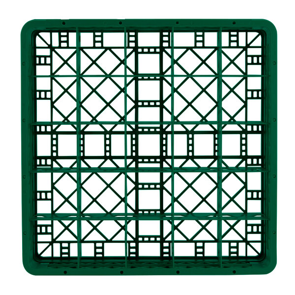 A green plastic Vollrath Traex glass rack with a grid pattern.