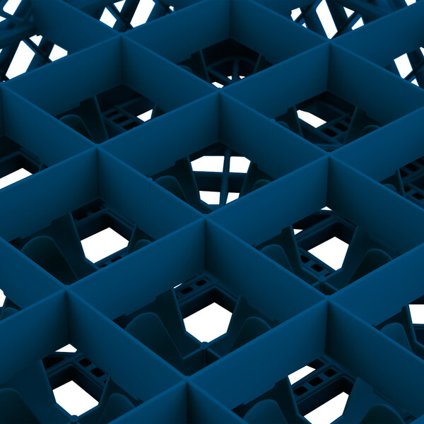 A blue plastic grid with 25 compartments for glasses.