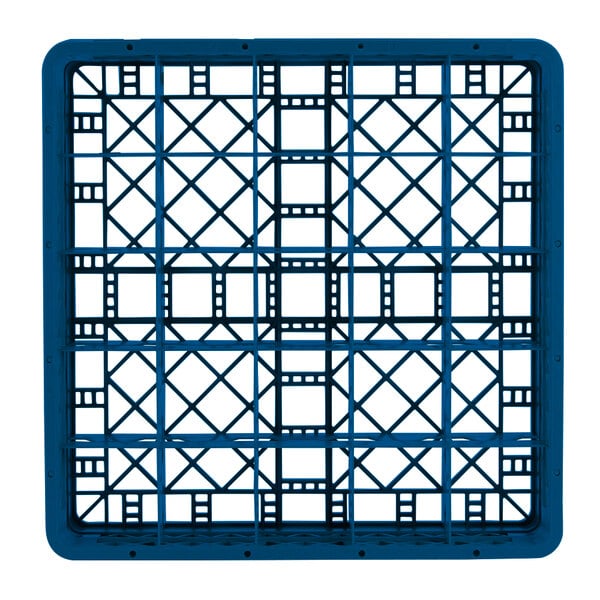 A Vollrath Traex royal blue plastic rack with 25 compartments and a grid pattern.