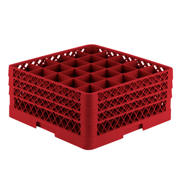 A red plastic Vollrath Traex glass rack with compartments and holes.