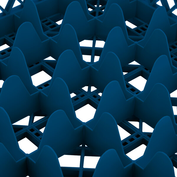A close-up of a Vollrath Royal Blue 25-compartment glass rack.