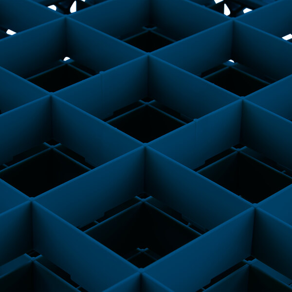 A Vollrath Traex blue plastic rack with square compartments.