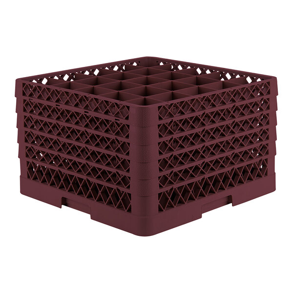 A burgundy full-size plastic glass rack with 25 compartments for dishwashing and storage.
