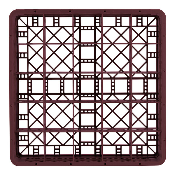 A full-size burgundy plastic glass rack with a 25-compartment grid design.