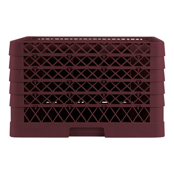 A full-size burgundy glass rack with 25 compartments and an 11-inch height.