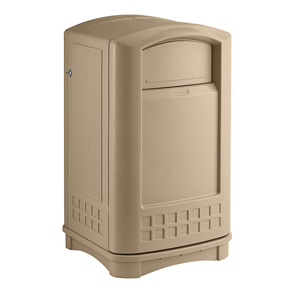 A tan plastic Rubbermaid Plaza container with a lid.