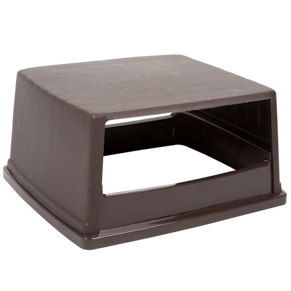 A brown Rubbermaid Glutton round hooded top lid on a table.